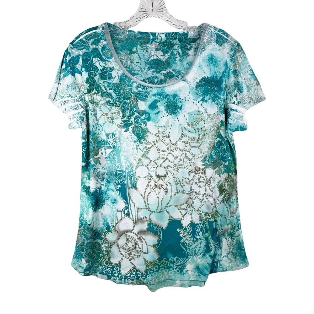 Style & Co Shirt Women Large Petite Green Embellished Short Sleeve Floral Blouse